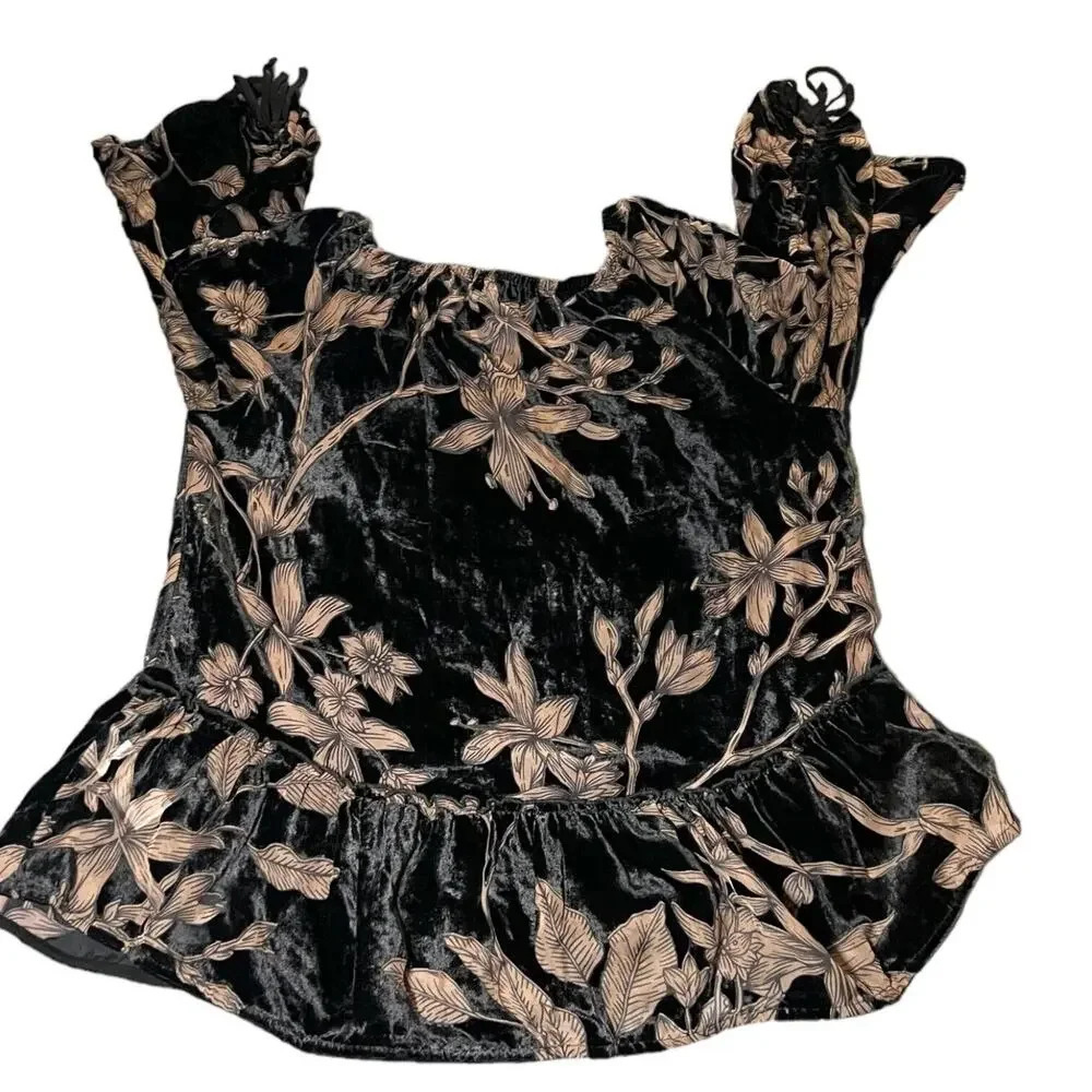 Democracy Floral Velvet Blouse Women's‎ Small Black/Brown Sheer Goth Bell Sleeve - Picture 2 of 5